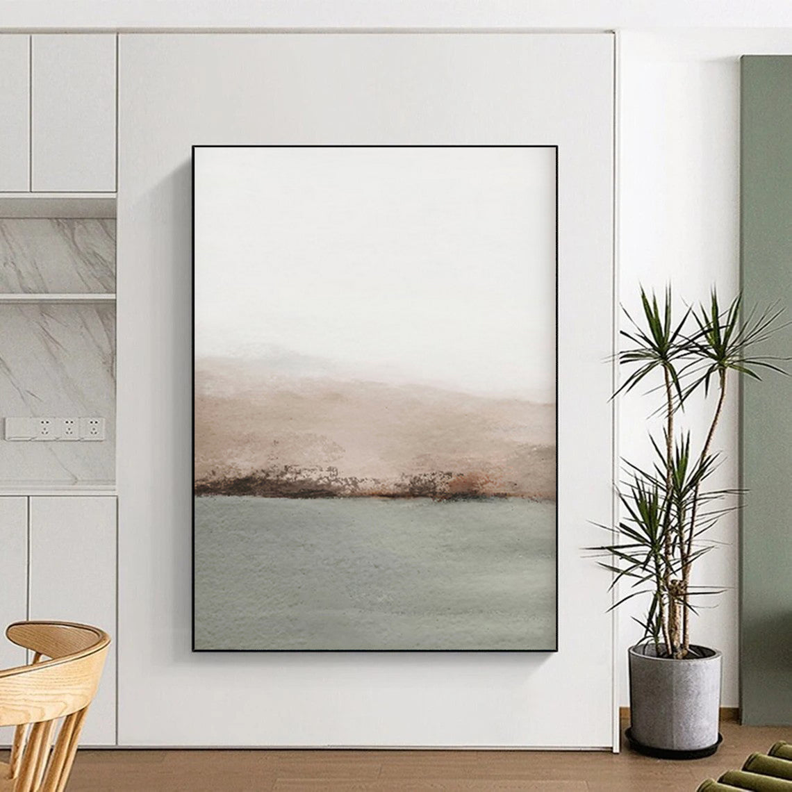 “Simple Horizon Calm” – Minimalist Watercolor Landscape with Beige, Gray, and Green Hues CT2062
