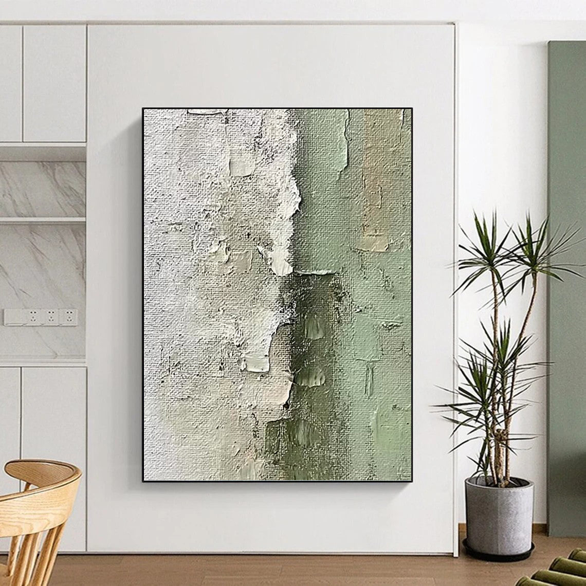 “Textured Green & White Abstract” - Green, White & Gray Minimalist Painting On Canvas DKH1002