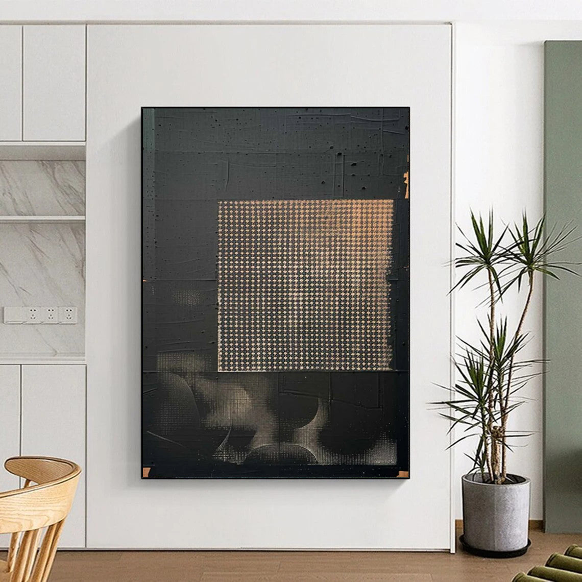 “Black - Gold Grid Abstract” - Black, Gold, Gray Minimalist Abstract Painting On Canvas DTP306