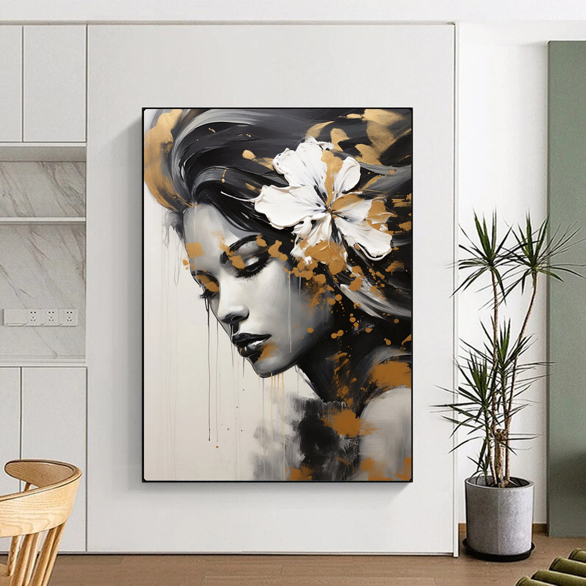 “Black, White, and Gold Portrait” – Impressionistic Oil Painting On Canvas CT2170