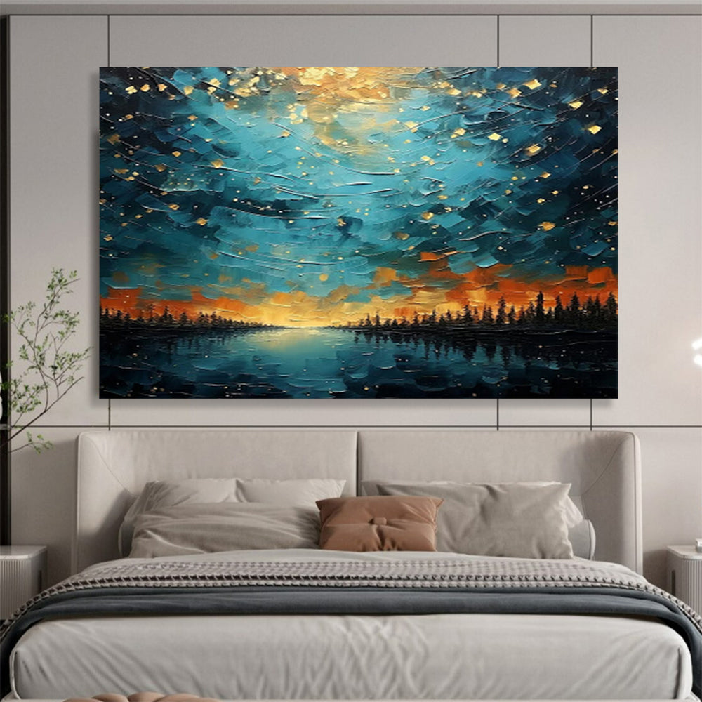 “Starry Lake Vista” - Blue, Gold, Orange Landscape Fantasy Painting On Canvas DKH706