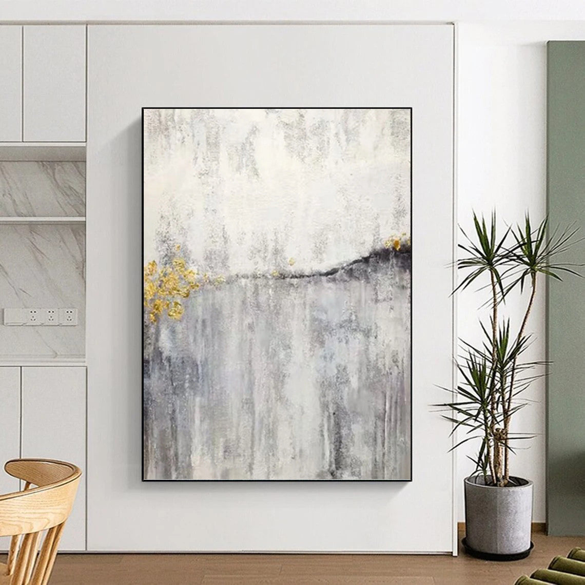 “Golden Mist” - Gray, White & Gold Textured Abstract Painting On Canvas DKH1173