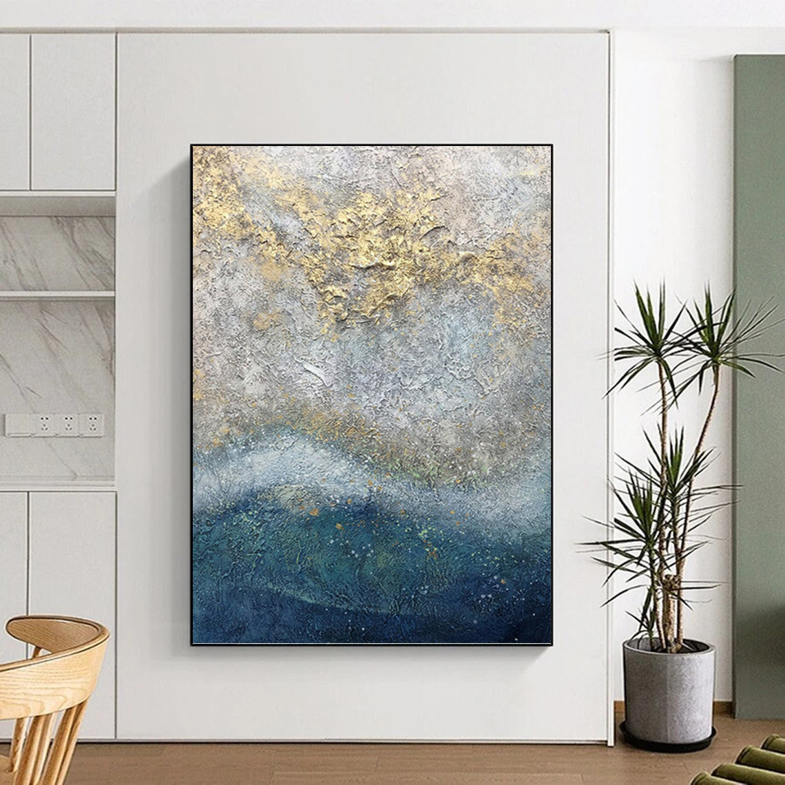 “Textured Gray - Gold Abstraction” - Gray, Gold & Blue Impasto Painting On Canvas DKH0958
