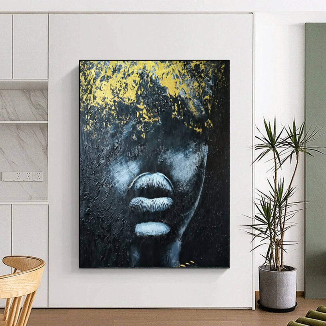 “Textured Black and Gold Portrait” – Abstract Impasto Portrait Painting On Canvas CT2153