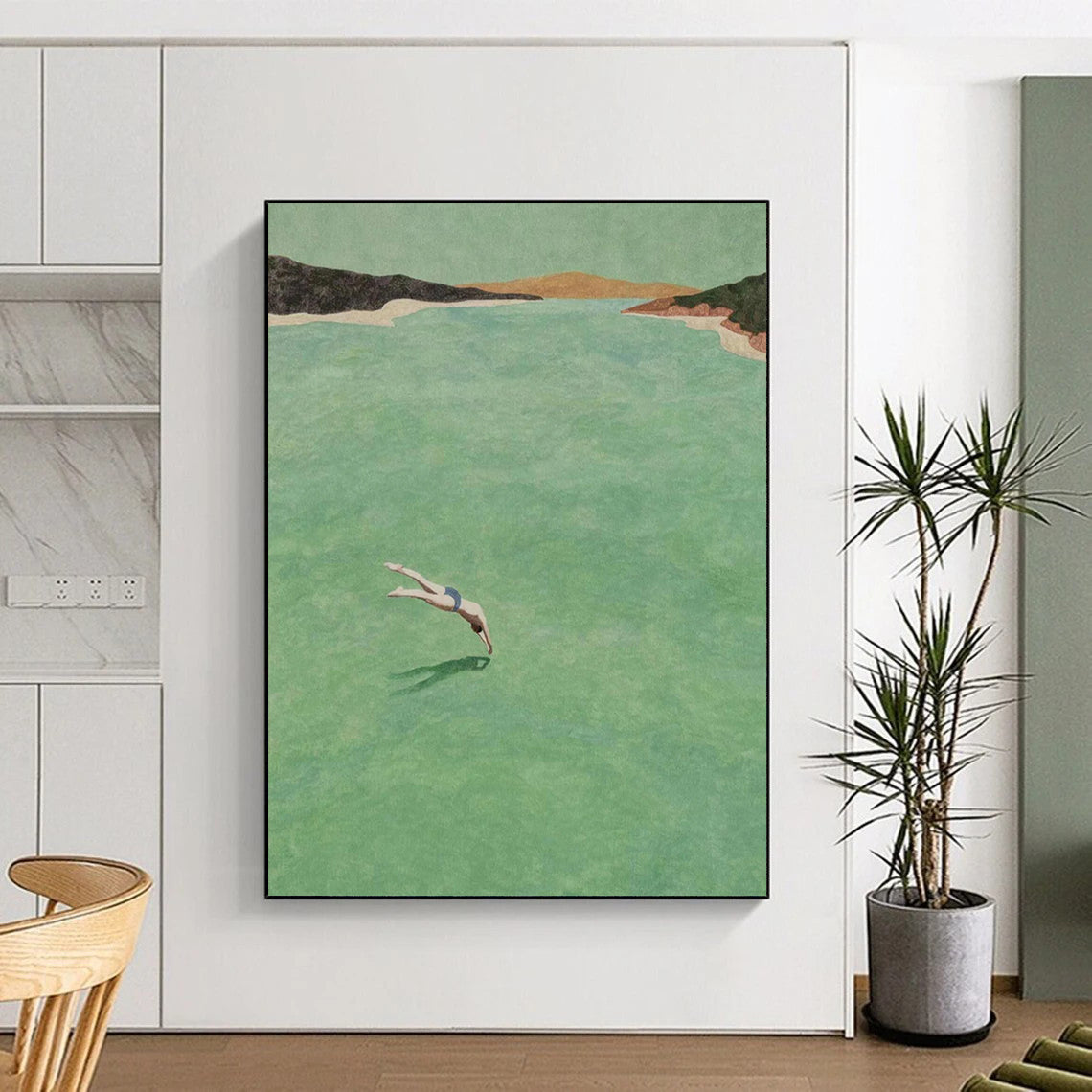 “Diver in Green Water” - Green, Blue, Brown Landscape Painting On Canvas DTP304