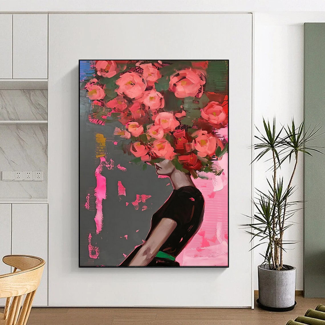 “Pink Flowers on Gray - Pink” - Pop - Surrealist Portrait Art CT1952