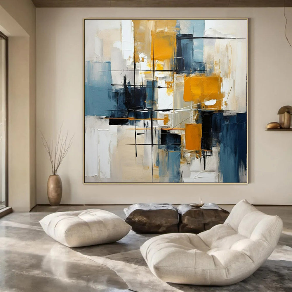 Bold Yellows, Blues & Neutrals, Dynamic Lines - "Urban Energy" - Abstract Oil Painting CT1452