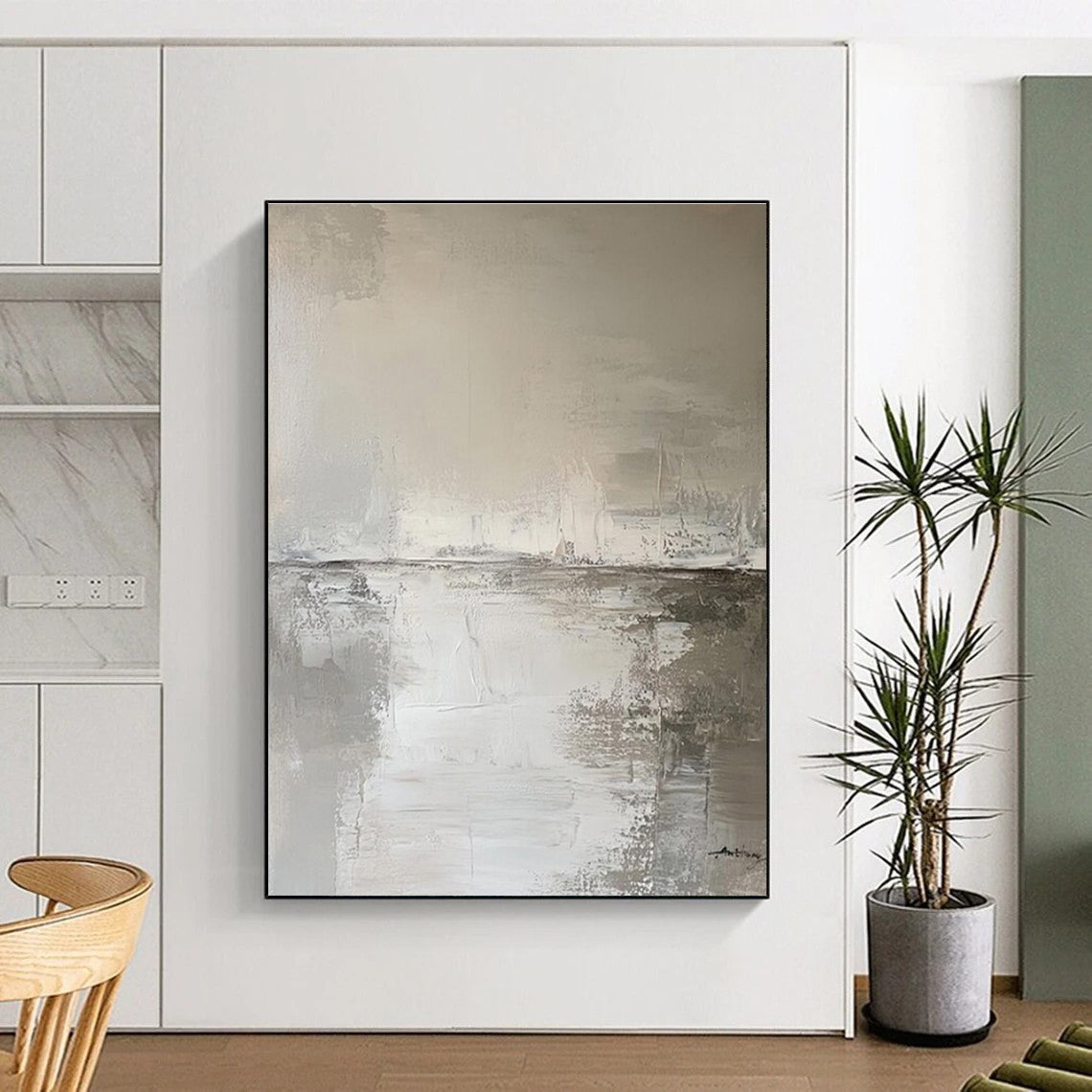 Gray & White Textured Landscape, “Misty Horizon” - Impasto Abstract Landscape Painting CT0772