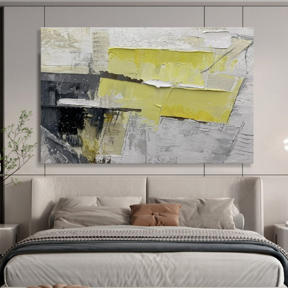 Bold Yellow and Gray Collage - Abstract Mixed - Media Painting On Canvas DKH595