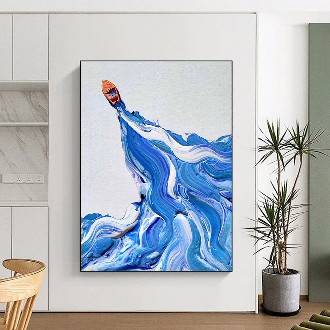 “Blue, White, Orange Boat ‘Ocean Voyage’” - Impasto Sea & Boat Painting On Canvas DTP321
