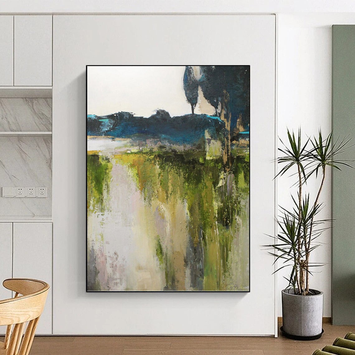 “Abstract Landscape Revisited” - Green, Blue, Gray & White Nature - Inspired Painting On Canvas DKH1022