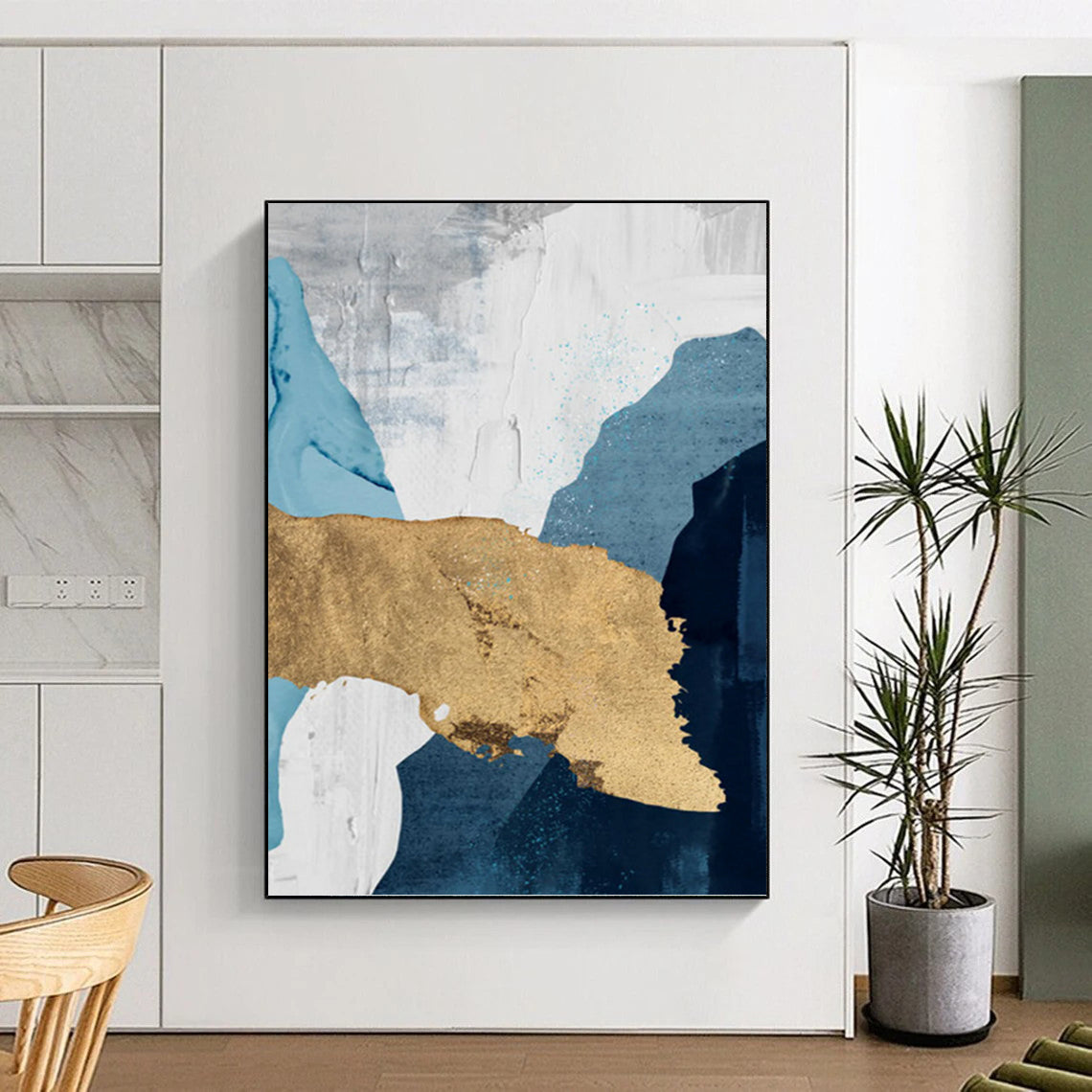 “Elegant Layers” - Blue, White, Gray & Gold Abstract Shapes Painting On Canvas DKH1527