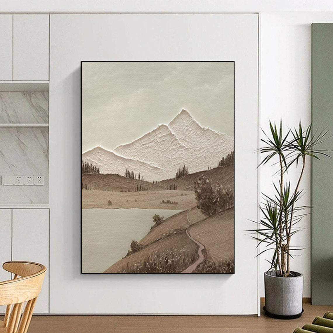 “Monochrome Mountain Serenity - Brown, White Textured Landscape” Painting On Canvas DTP268