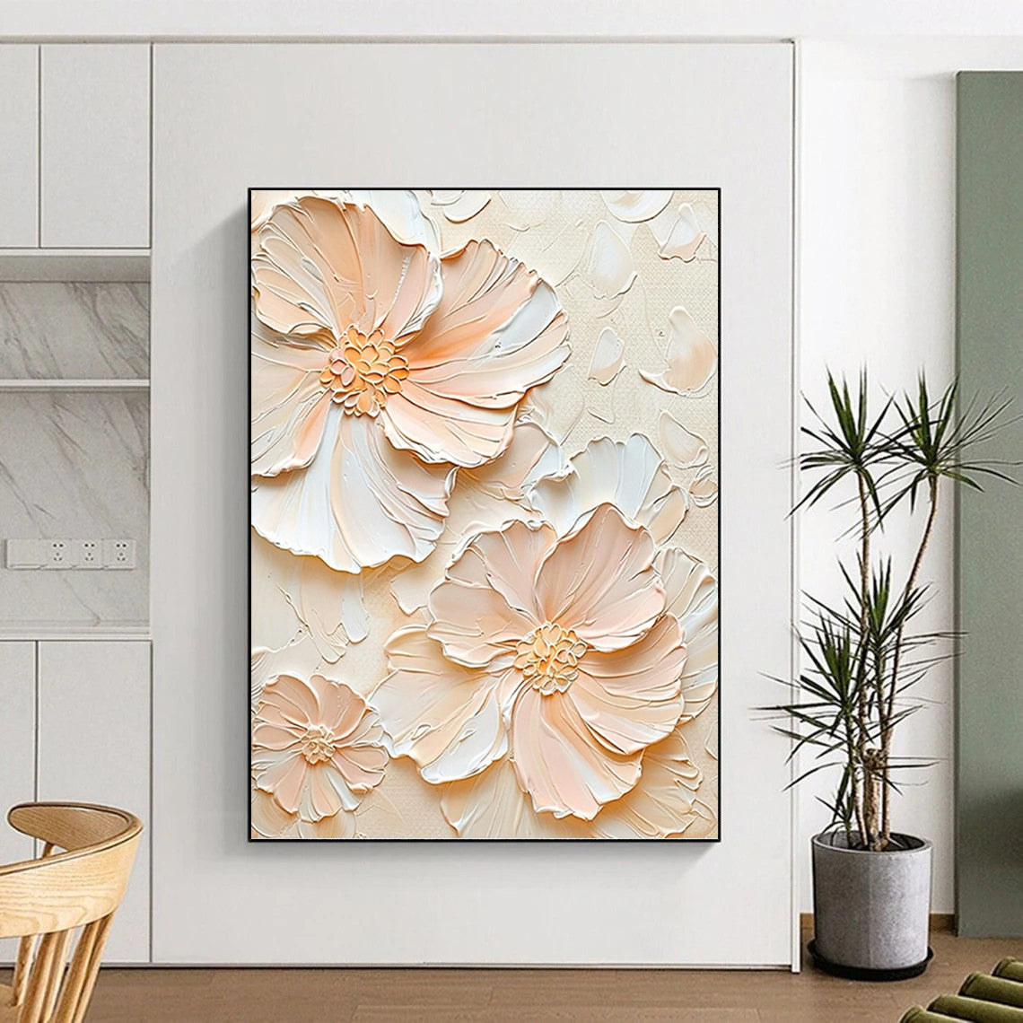 Peach - Colored Floral Relief - Impasto Flower Painting On Canvas DKH1389