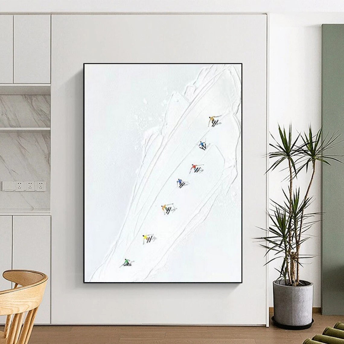 White - based Ski Slope with Colorful Skiers, “Ski Trail Joy” - Minimalist Figurative Acrylic Painting CT0734