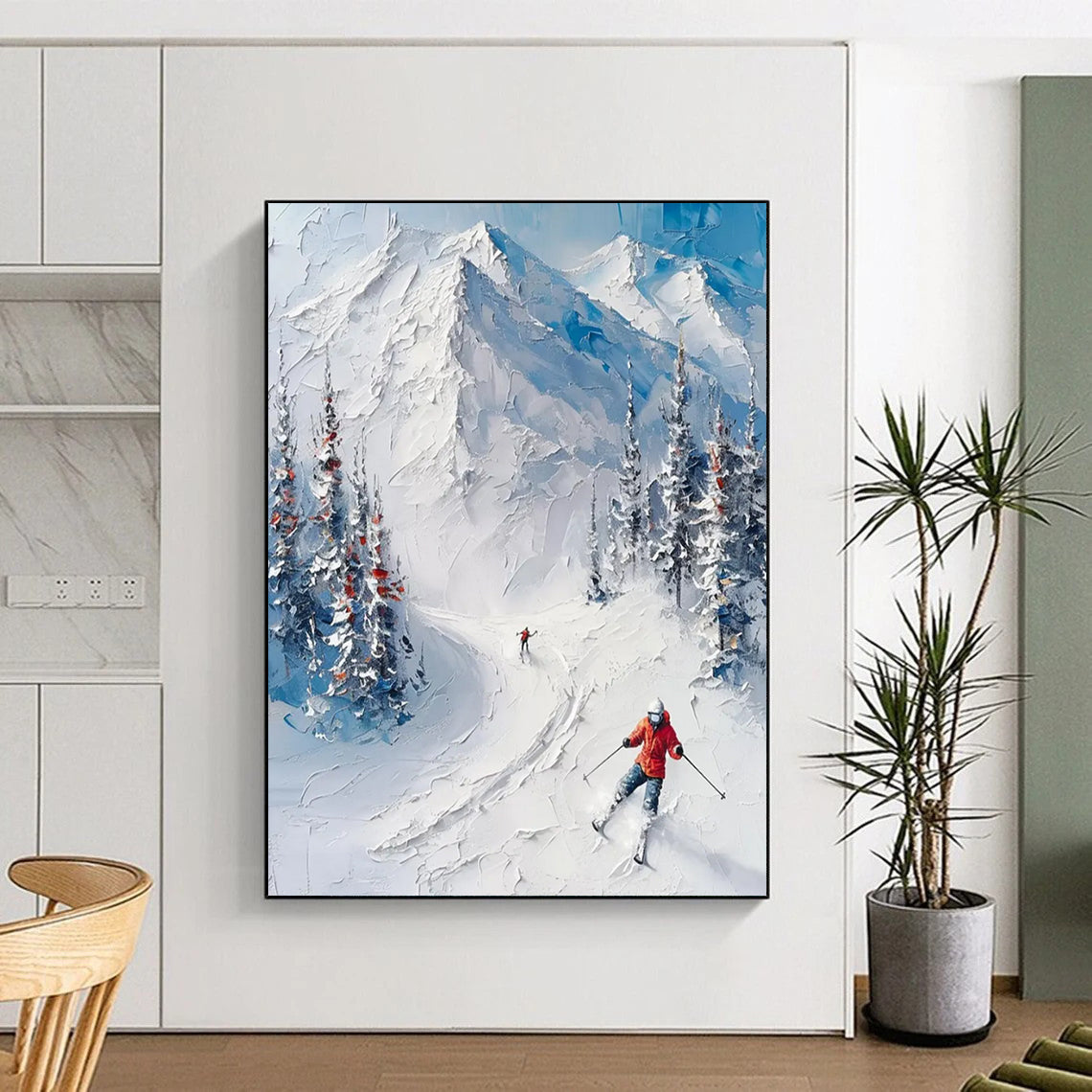 “White, Blue, Green Snowy Mountain ‘Ski Adventure’” - Impasto Landscape Painting On Canvas DTP313