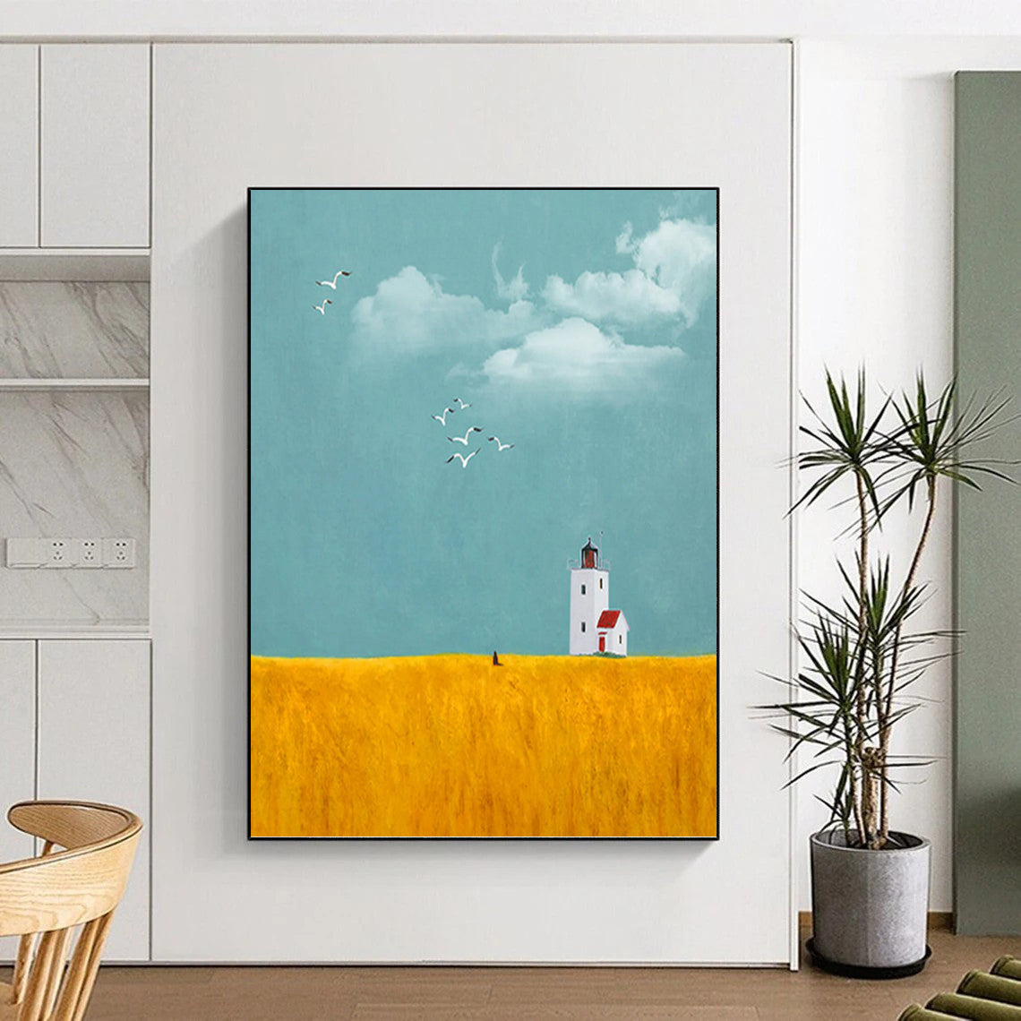 Lighthouse in Golden Field Under Blue Sky - Landscape Painting On Canvas DKH1429