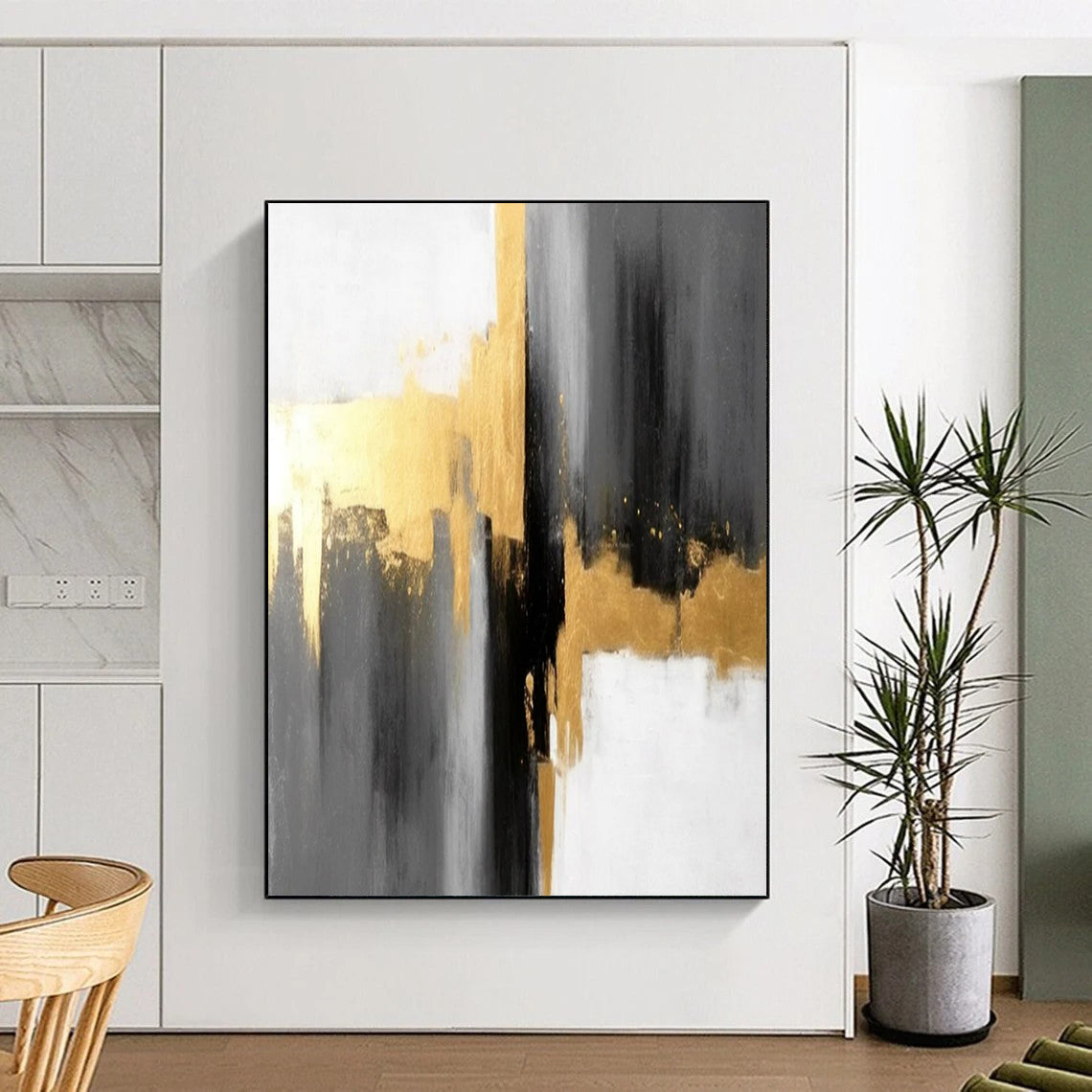 “Gray - Gold - White Abstract” - Abstract Expressionist Painting On Canvas DTP076