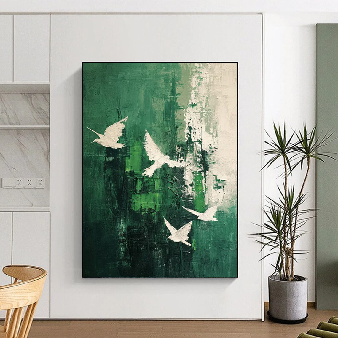 White Doves on Green Abstract - Abstract Painting On Canvas DKH1311