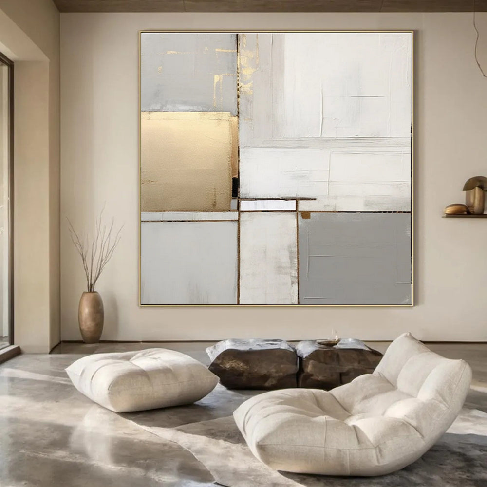 Grey - Gold Geometric Abstraction - Minimalist Geometric Acrylic Painting CT1432