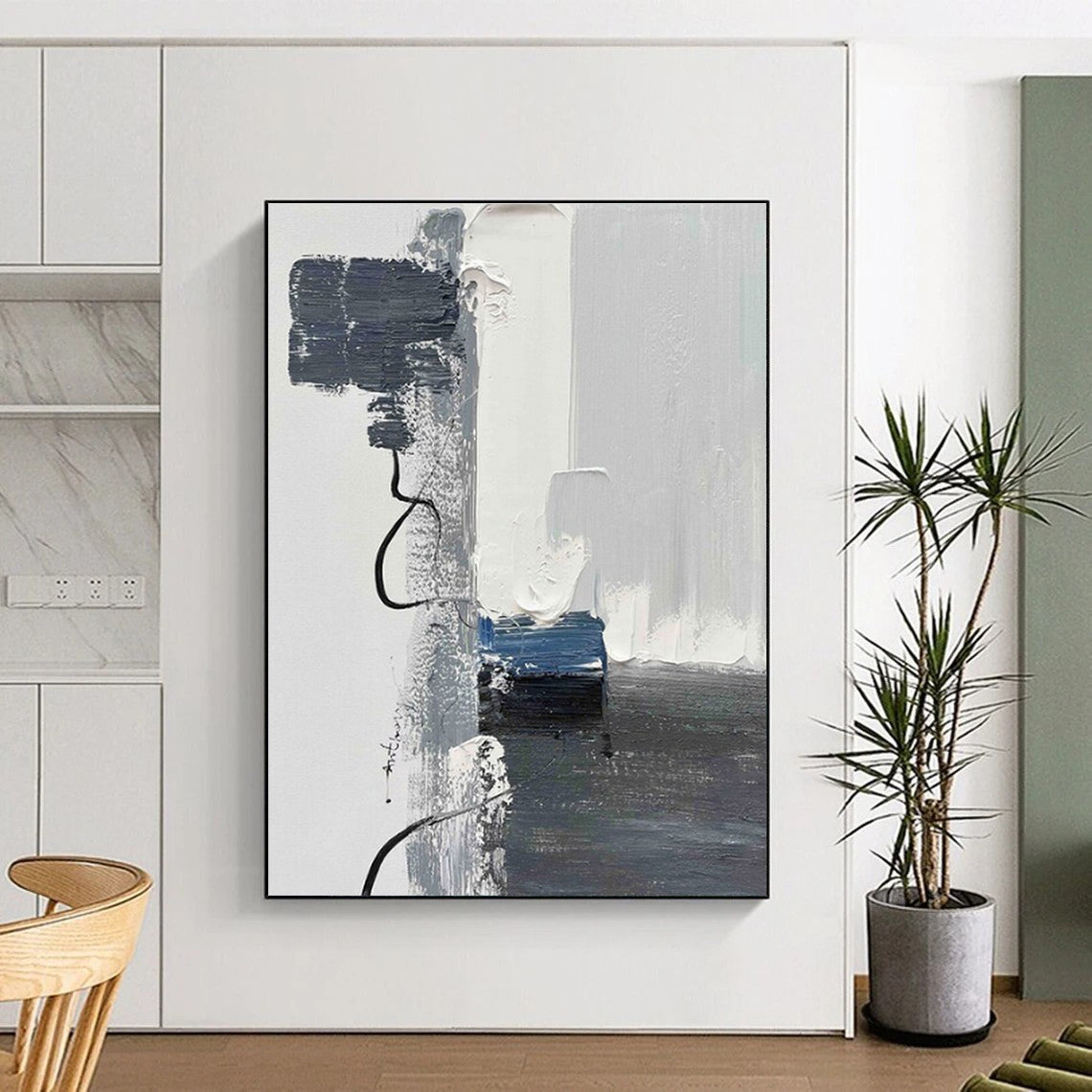 “Gray - White - Blue Abstract Lines” ,Abstract Acrylic Painting CT0790
