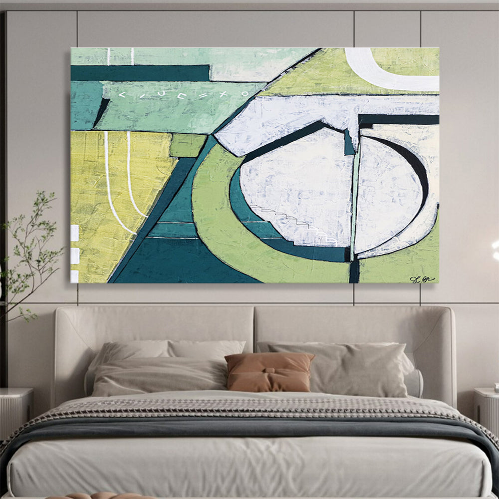 “Green - White Geometric Abstraction” Abstract Mixed - Media Painting On Canvas DKH543