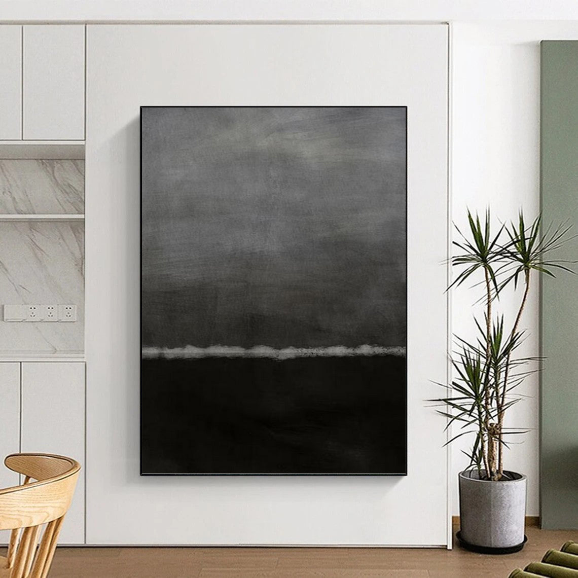 “Black & Gray Minimalist Horizon” - Black & Gray Abstract Minimalist Painting On Canvas DKH1202