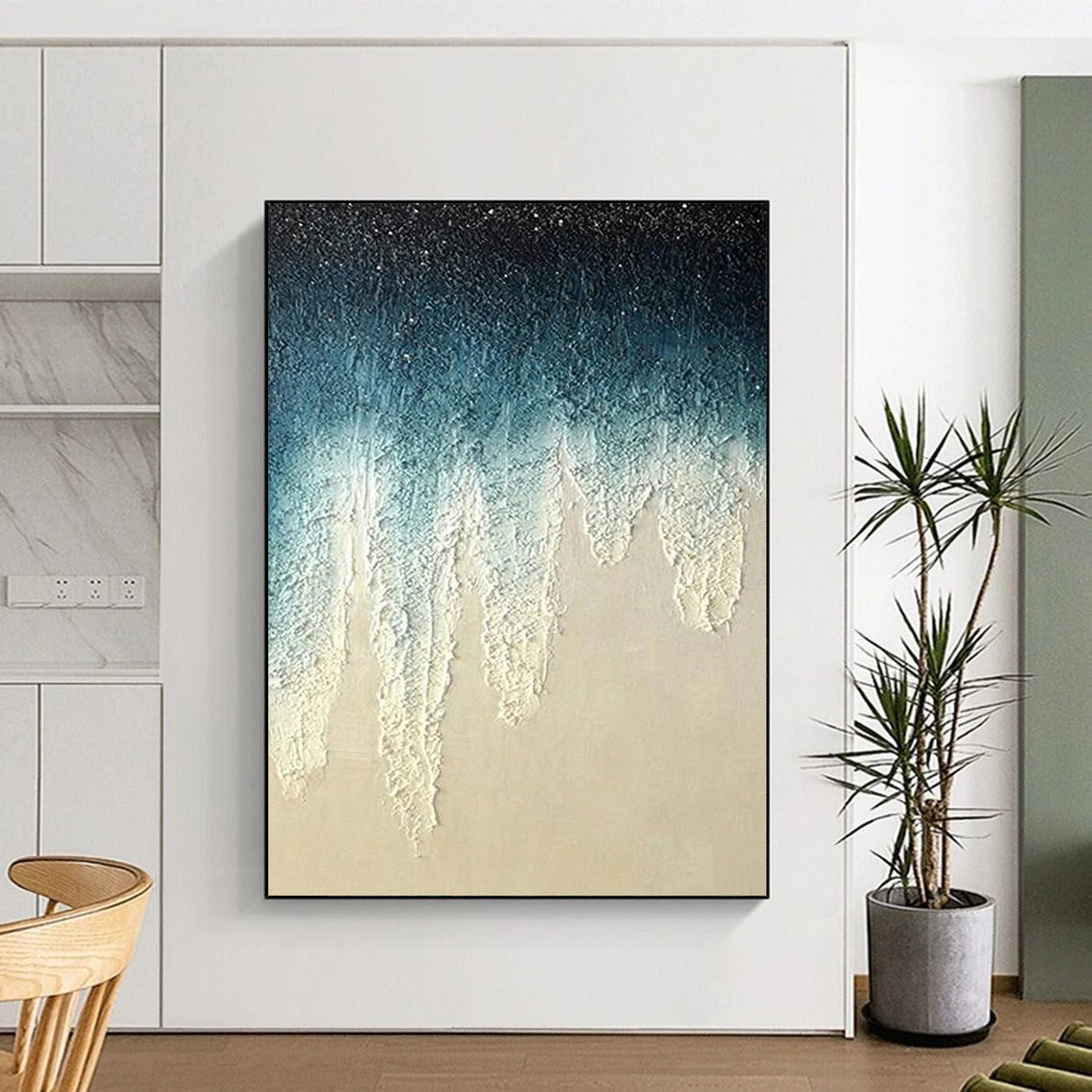 “Blue, White Dripping Texture ‘Celestial Tears’” - Impasto Abstract Painting On Canvas DTP343