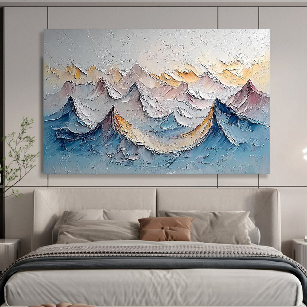 Layered Mountain Peaks - Gray, Blue & Yellow Landscape Painting On Canvas DKH902