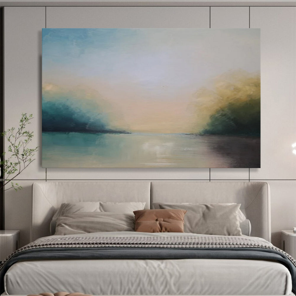 “Blue, Green, Soft - Toned ‘Tranquil River’” - Abstract Landscape Painting On Canvas DLZ014