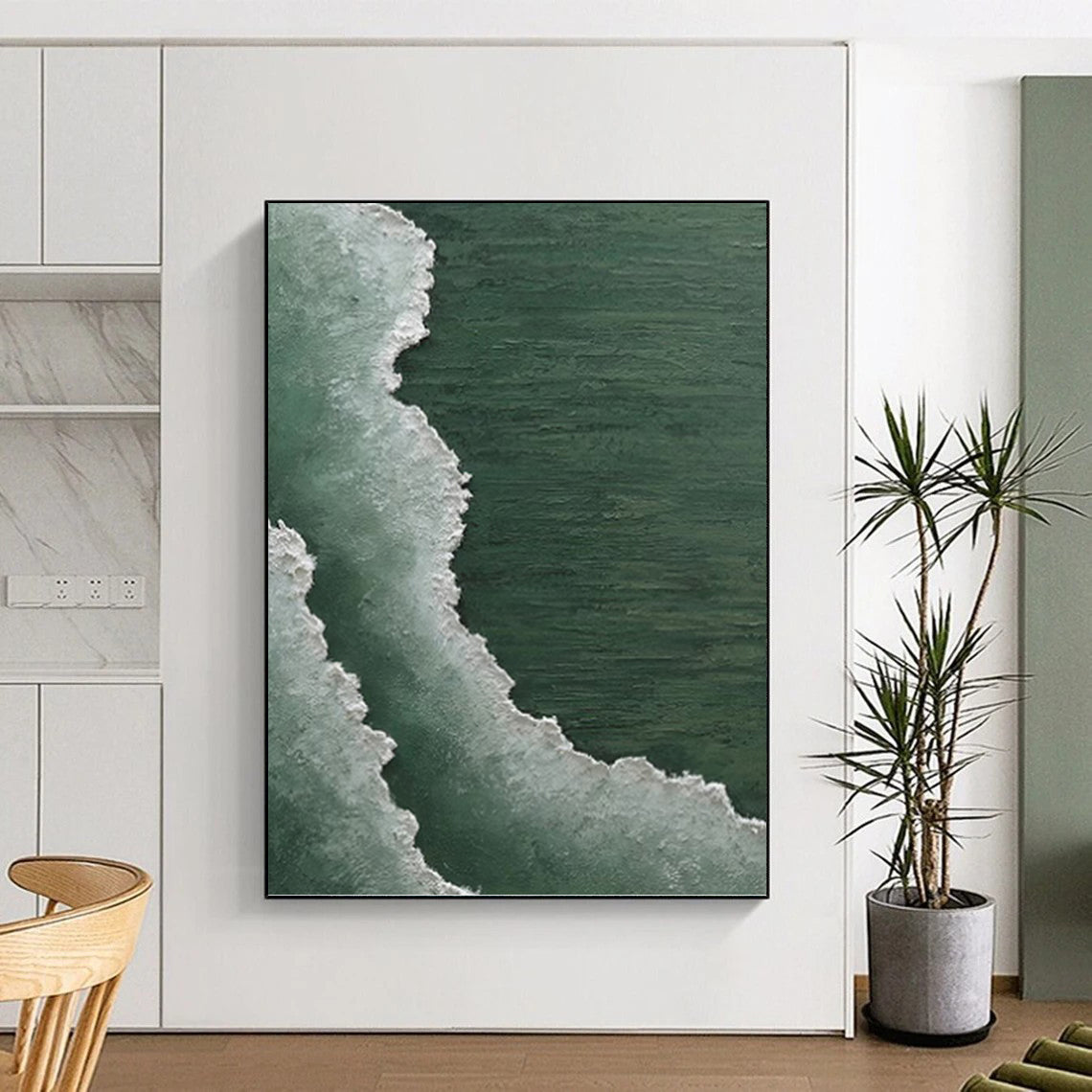 Green and White Wave Abstract - Abstract Painting On Canvas DKH1501