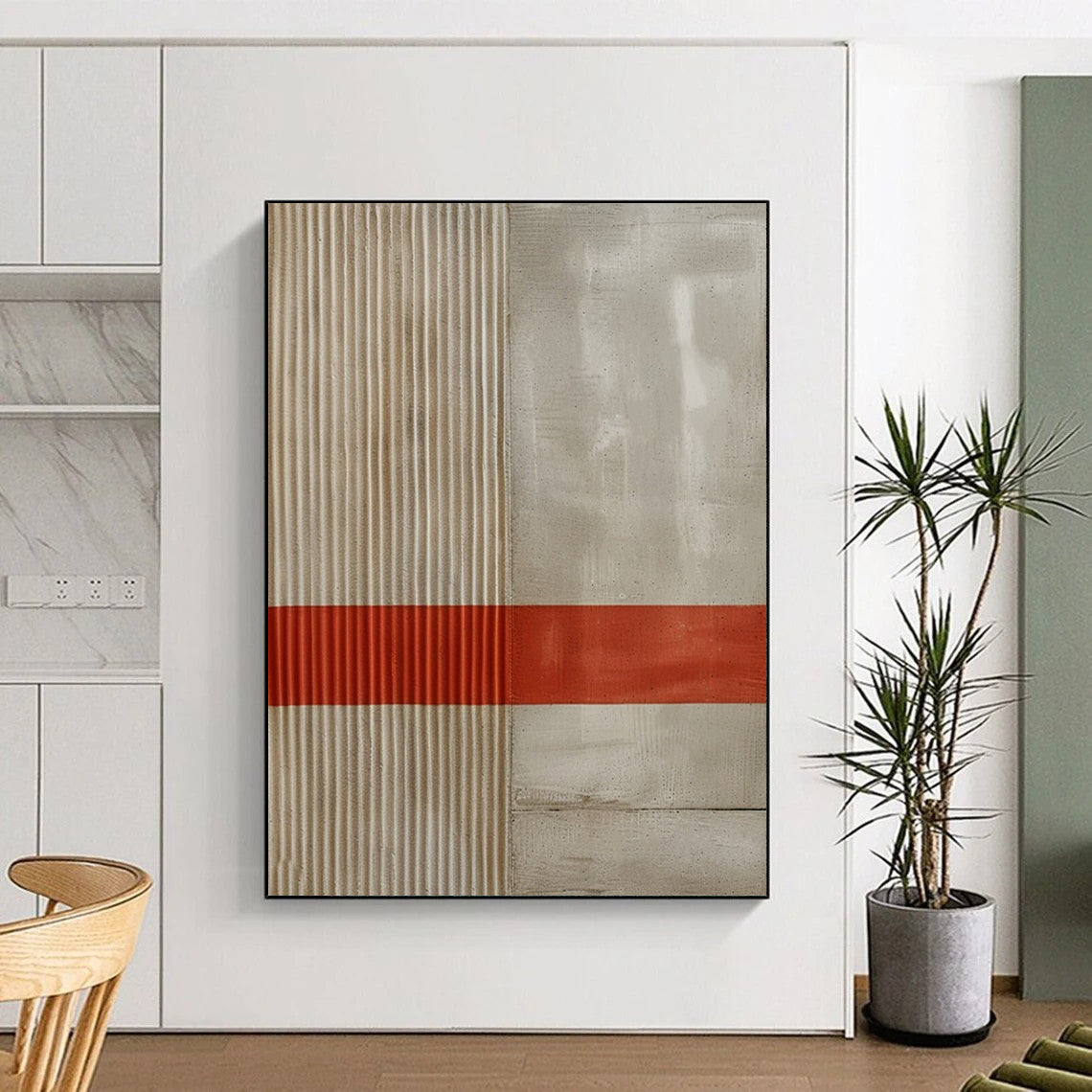 “Beige - Gray with Red Stripe” - Minimalist Textured Painting On Canvas DTP007