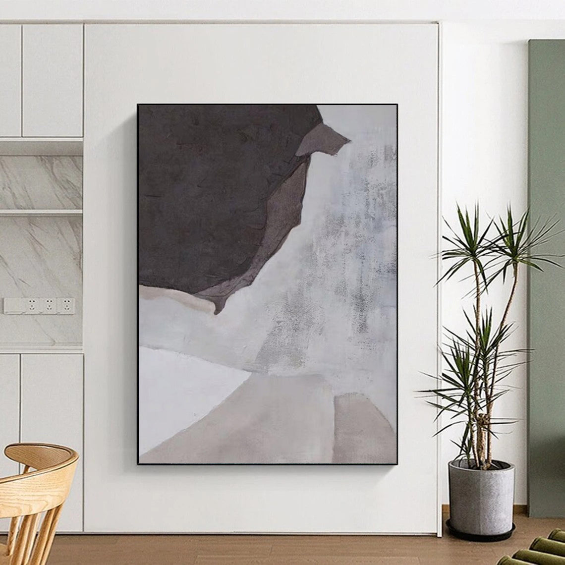 “Muted Tones Abstract” - Gray & White Textured Shapes Painting On Canvas DKH1182