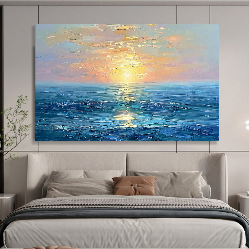 “Sunset Over the Sea” - Blue, Orange, Yellow Impressionistic Seascape Painting On Canvas DKH767