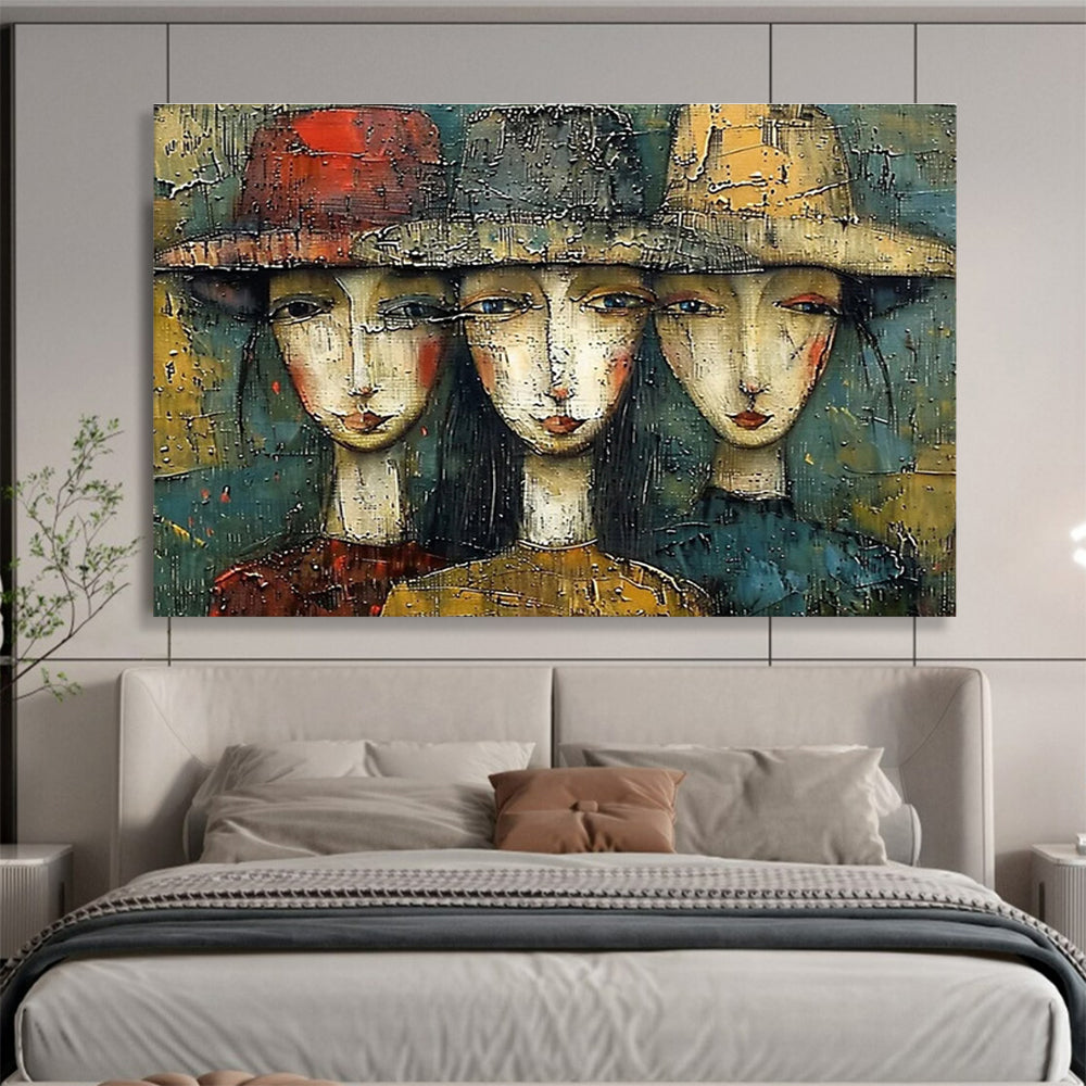 “Textured Trio of Faces” - Earthy Multicolor Portrait Painting On Canvas DKH763