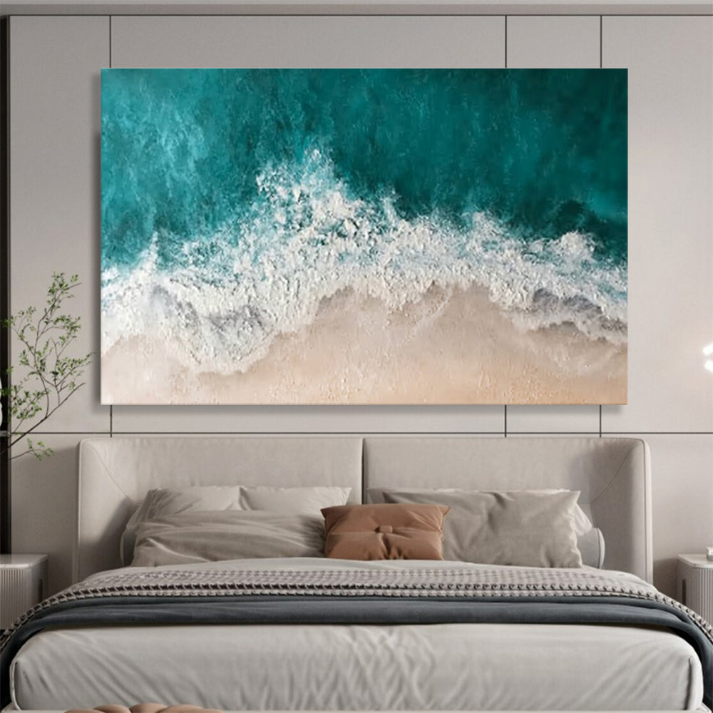 “Aerial Coastline” - Turquoise, White, Beige Seascape Textured Painting On Canvas DKH699