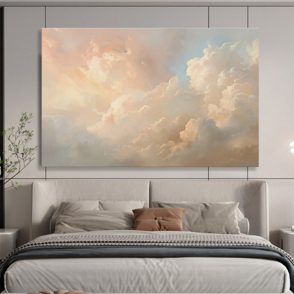 Heavenly Clouds Pink Beige Cloud Filled Sky Painting On Canvas DKH209
