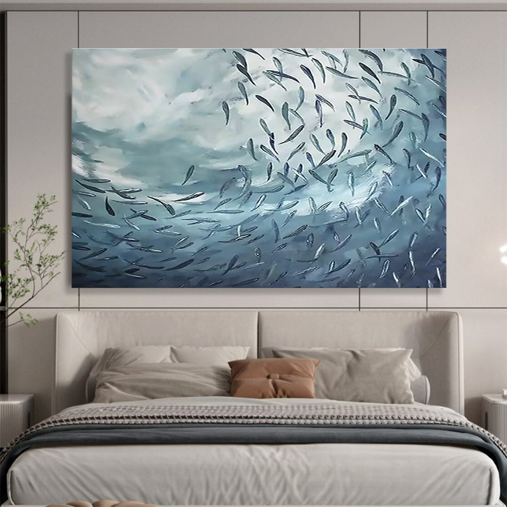 “School of Fish in Blue Depths” - Expressive Marine Painting On Canvas DKH792
