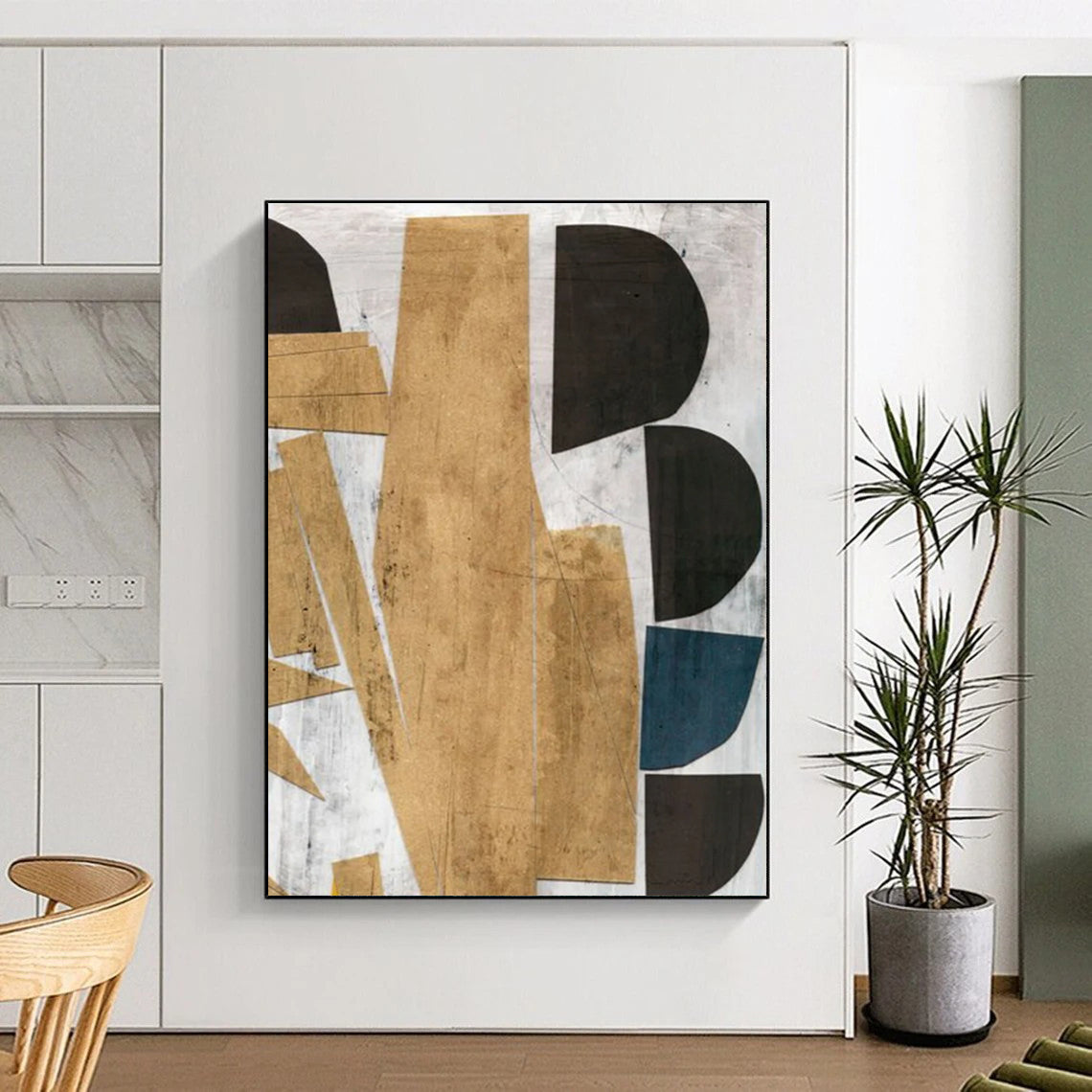 “Geometric Gold & Blue Collage” - Gold, Blue, Black Abstract Painting On Canvas DTP216