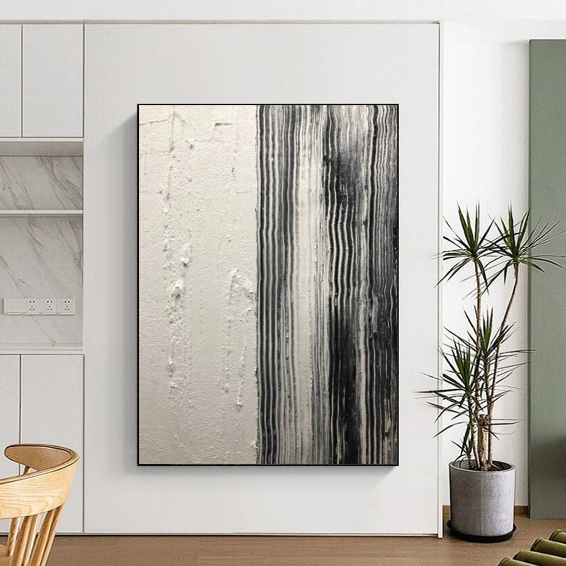 “White, Black Textured Stripes ‘Industrial Calm’” - Impasto Abstract Painting On Canvas DTP382
