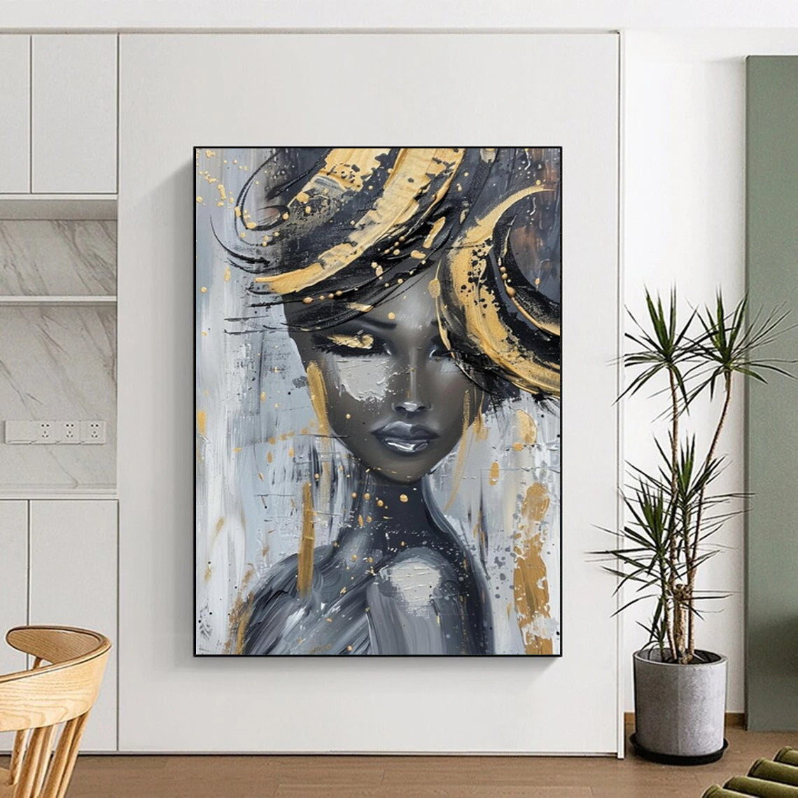 “Glamorous Gold - Accented Lady” - Gray, Black & Gold Abstract Figure Painting On Canvas CT2196