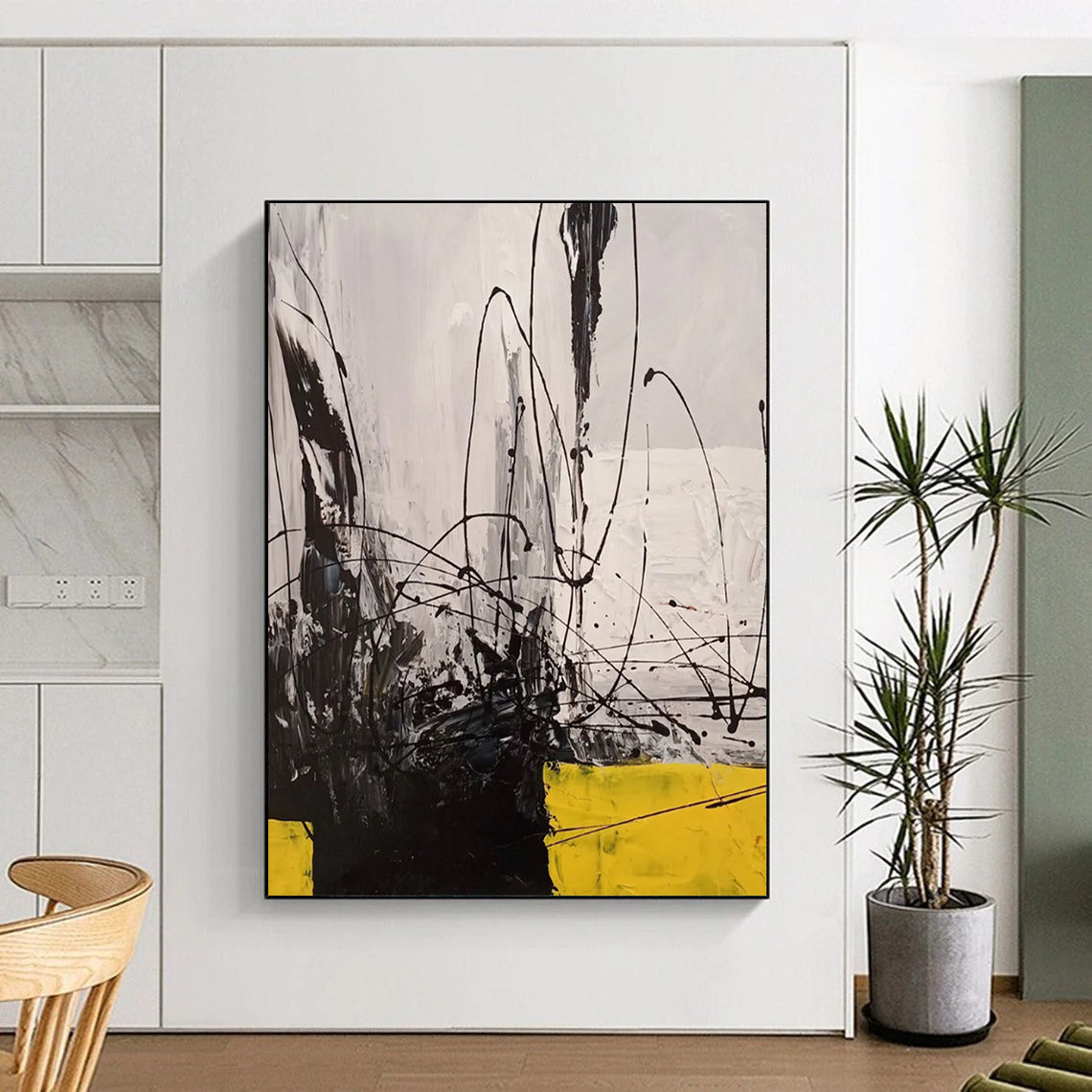 “Black - White - Yellow Abstraction” - Abstract Expressionist Painting On Canvas DTP053