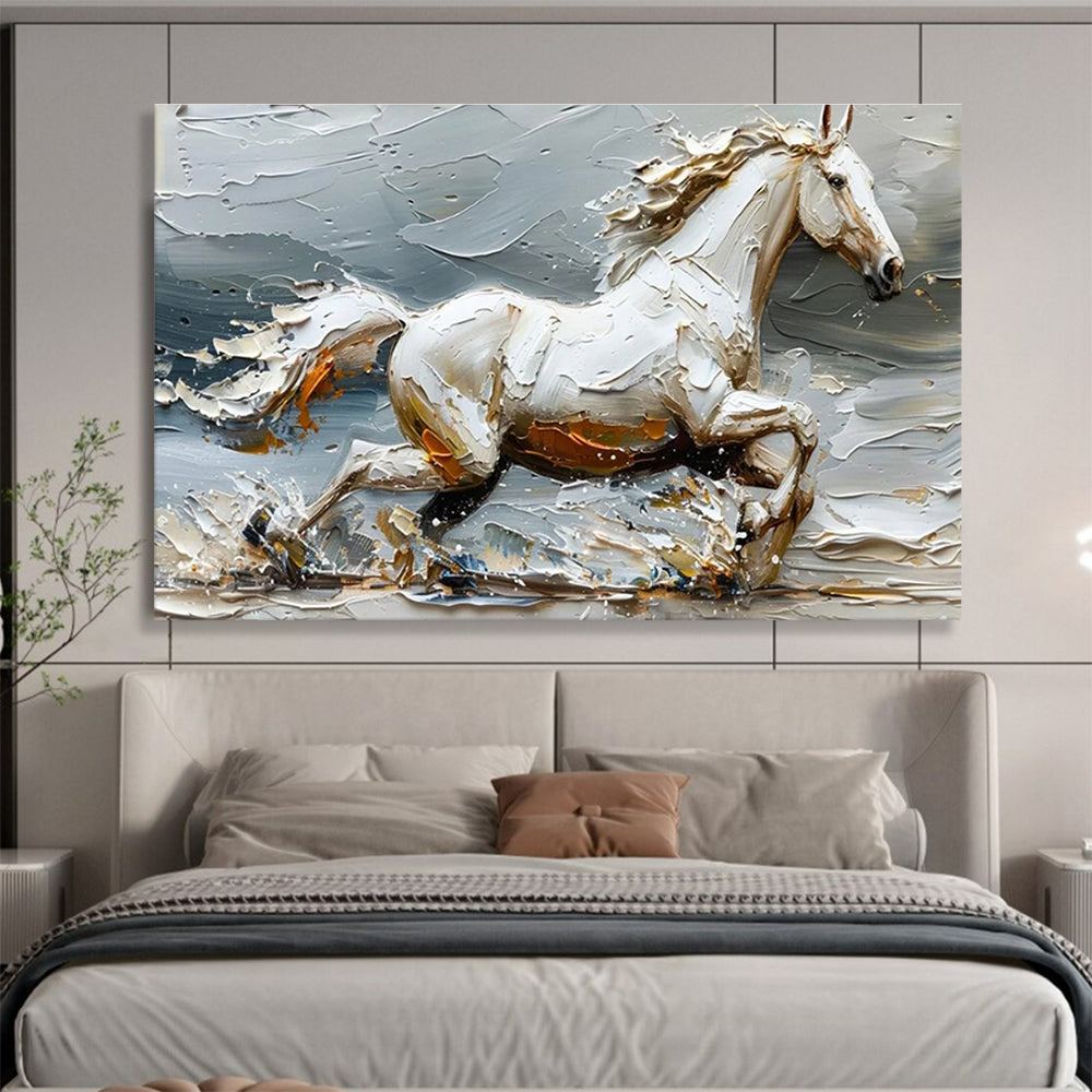 “Galloping White Horse” - Textured Equine Painting On Canvas DKH812