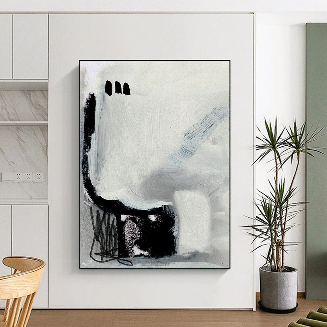 “Abstract Black and Gray Forms” - Black, Gray, and White Abstract Painting On Canvas DTP205
