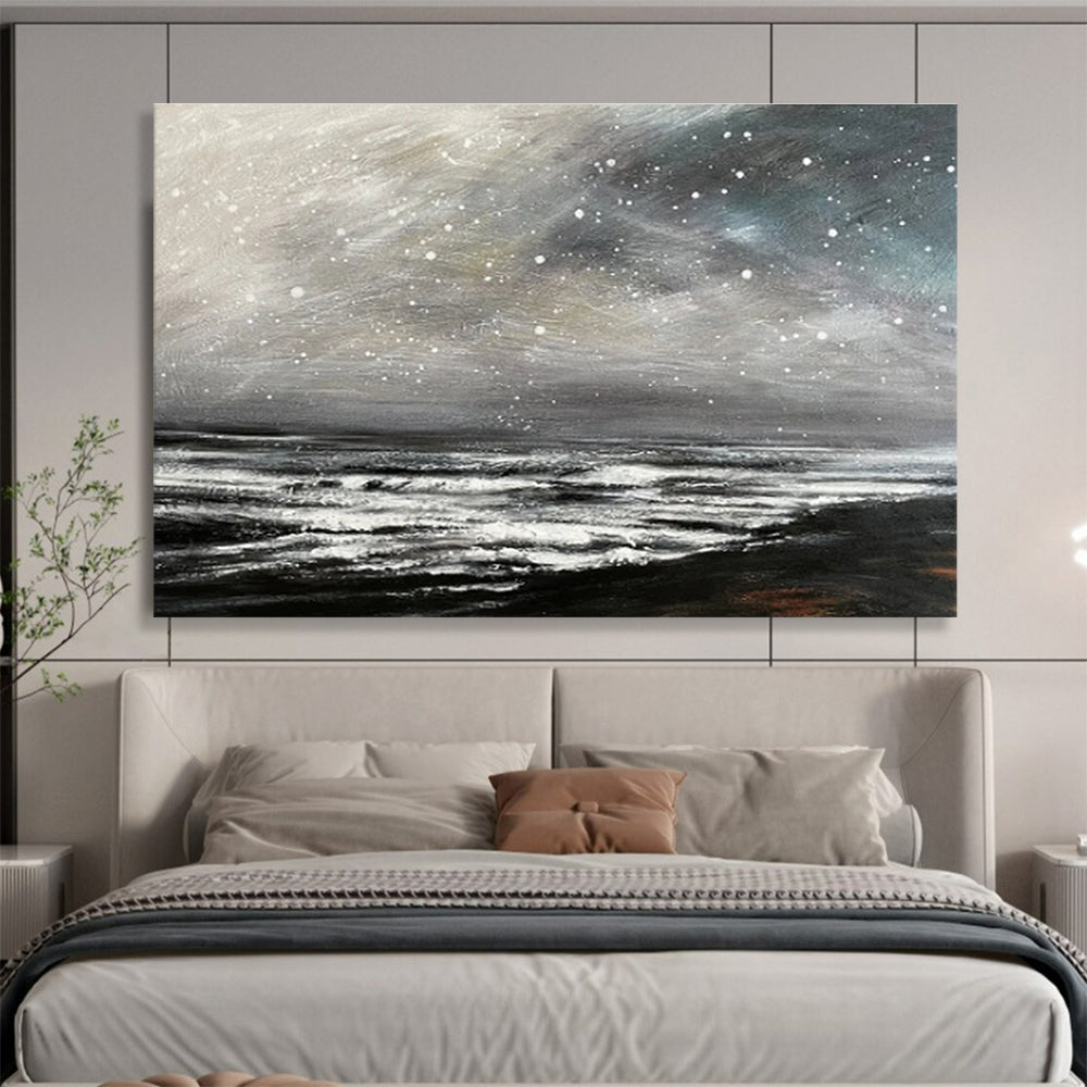Black and White Starry Ocean “Nocturnal Wave Symphony” Painting On Canvas DKH109