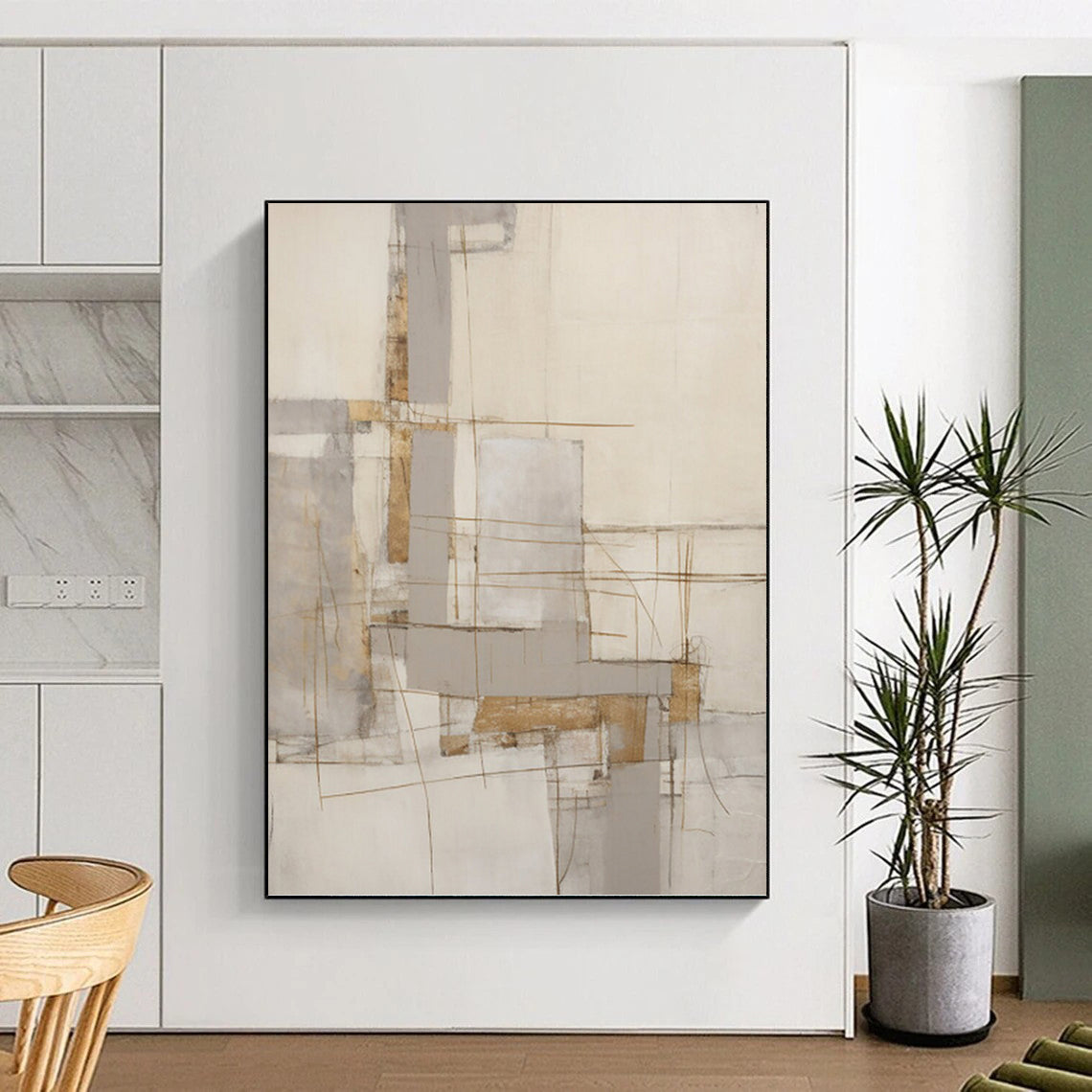 Linear Neutrals Abstract Composition - Abstract Painting On Canvas DKH1322