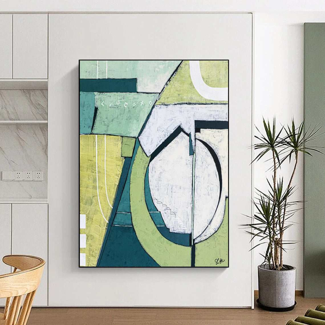 Mint and Olive Geometric Abstraction - A Calm, Structured Vision Painting On Canvas CT2375