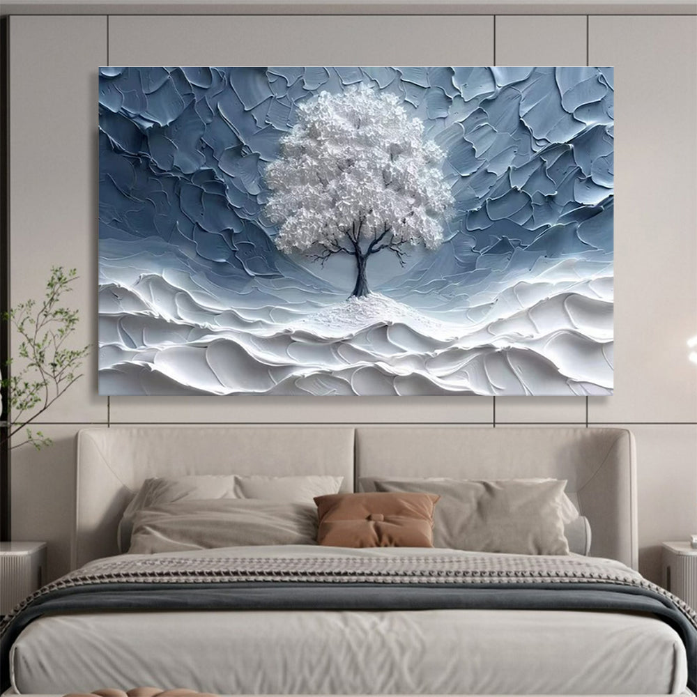 “White Tree in Textured Blue” - Minimalist Impasto Painting On Canvas DKH829