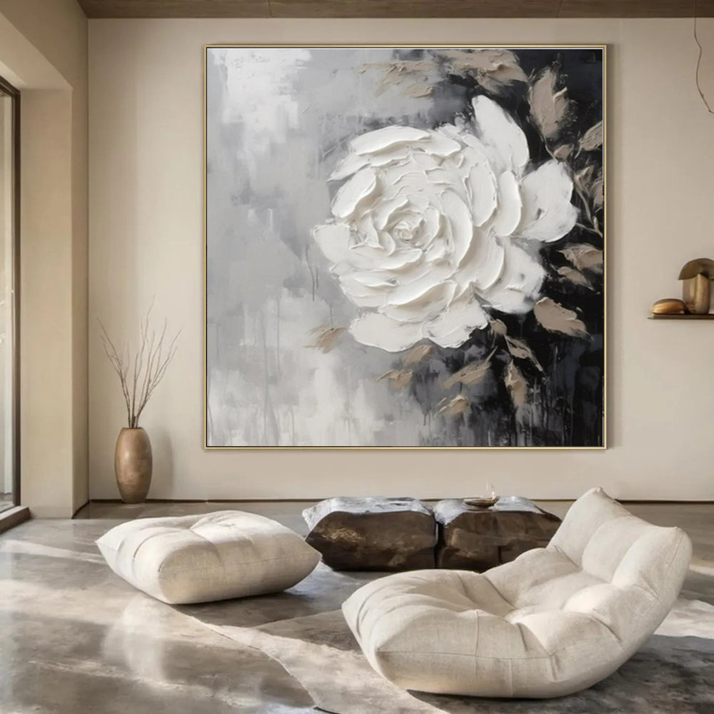 Grey, Black & Beige with Textured White Rose - "Elegant Bloom" - Impasto Floral Painting CT1466