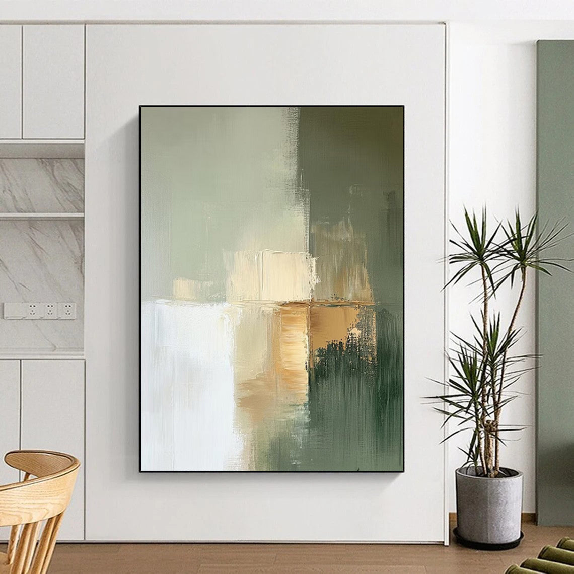 Green, Beige & White Subtle Forms, “Muted Serenity” - Minimalist Abstract Painting CT0770